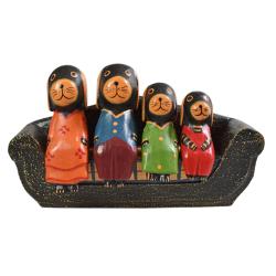 4 Dogs on a sofa hand carved from Albesia wood, 21.5 x 10 x 6cm