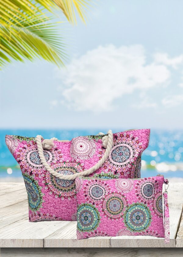 Large zip top canvas beach bag with rope handles and a matching pouch - Image 3