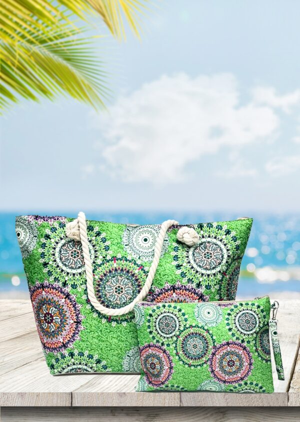 Large zip top canvas beach bag with rope handles and a matching pouch - Image 2