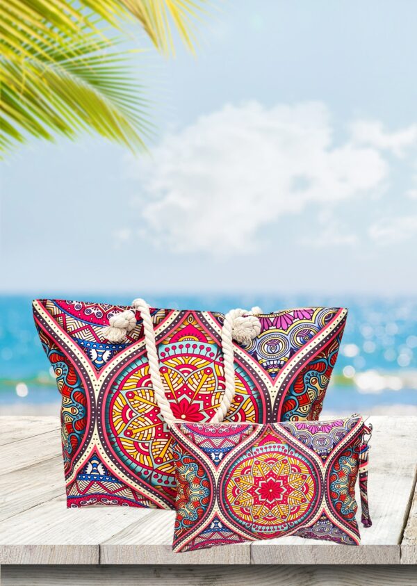 Large zip top canvas beach bag with rope handles and a matching pouch - Image 4