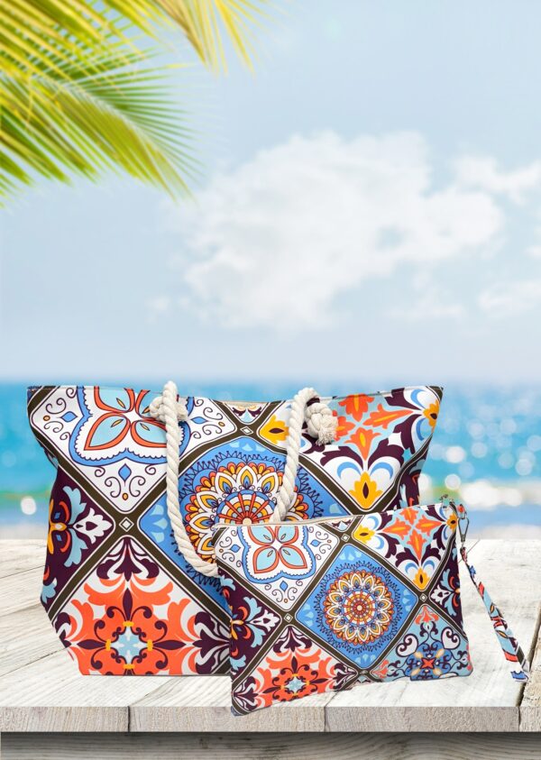 Large zip top canvas beach bag with rope handles and a matching pouch - Image 5