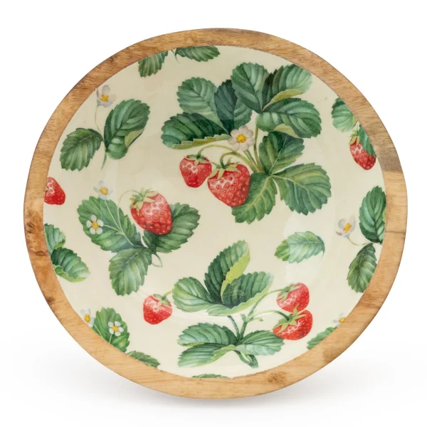 Handcrafted Large Mango Wood Bowl - Strawberries