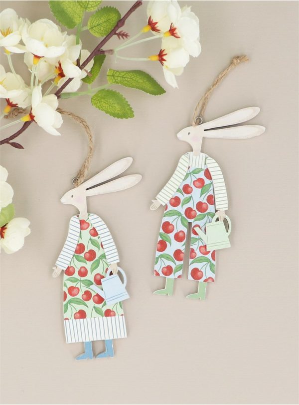 Wood Decorations - Cherries With Bunny Hearts