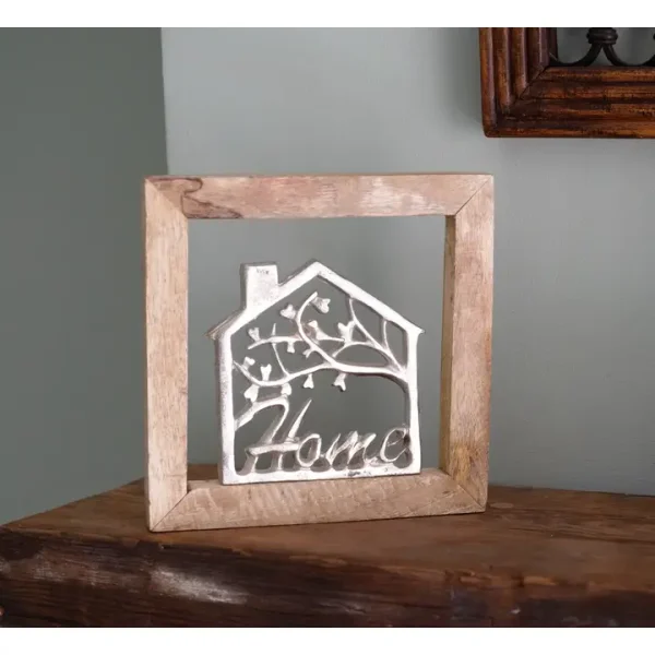 Wall Hanging Silver House in Wooden Frame 30cm