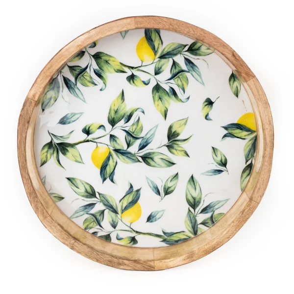 30cm Round Tray Mango Wood/Enamel Lemon 2PK