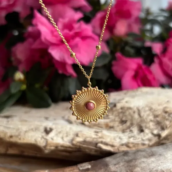 18ct Gold Plated Rhodochrosite Sun Pendant Necklace - Image 2