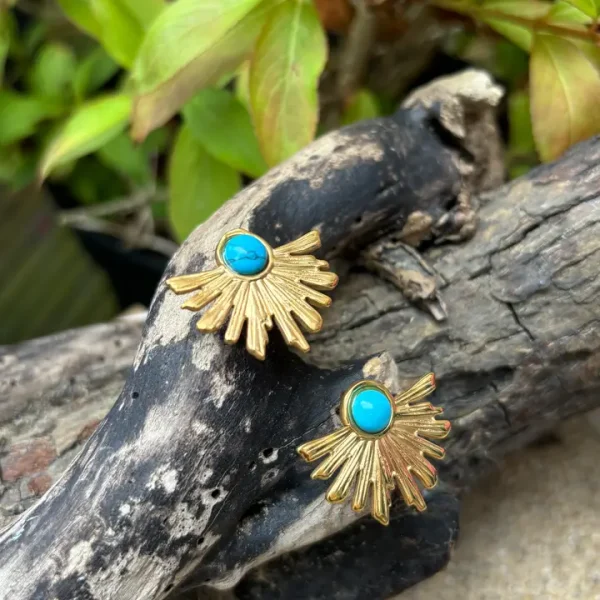 18ct Gold Plated Turquoise Sun Earrings - Image 2