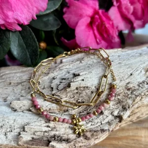 18ct Gold Plated Rhodochrosite Flower Double Chain Bracelet