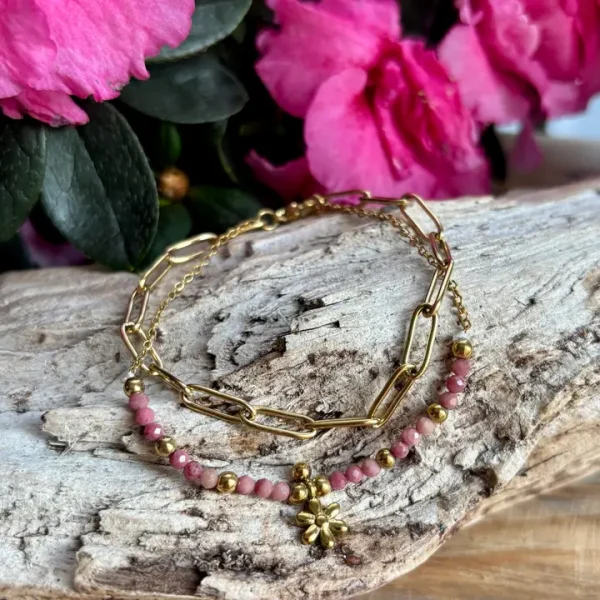 18ct Gold Plated Rhodochrosite Flower Double Chain Bracelet