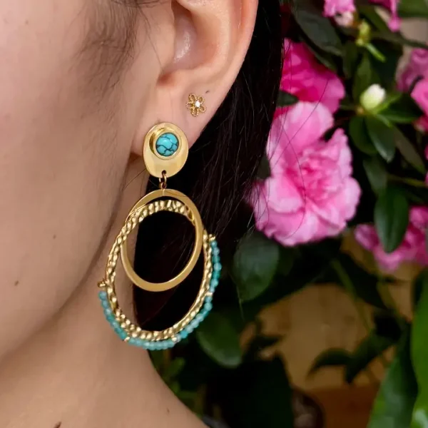 18ct Gold Plated Turquoise Double Hoop Earrings - Image 2