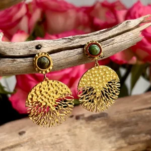 18ct Gold Plated African Turquoise Hammered Drop Earrings