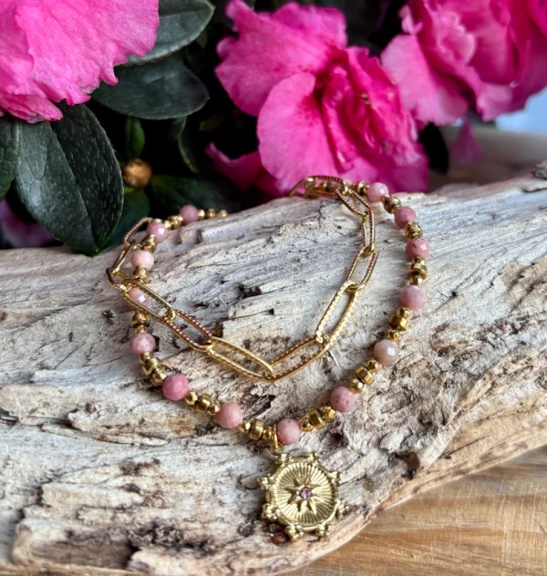 18ct Gold Plated Rhodochrosite Sun Disc Bracelet