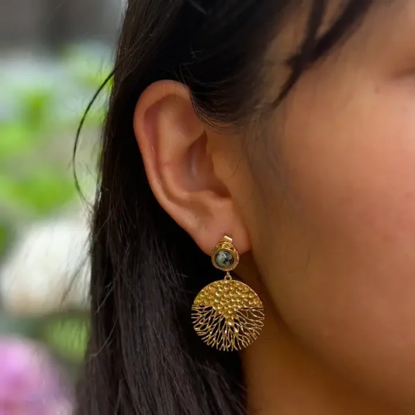 18ct Gold Plated African Turquoise Hammered Drop Earrings - Image 2