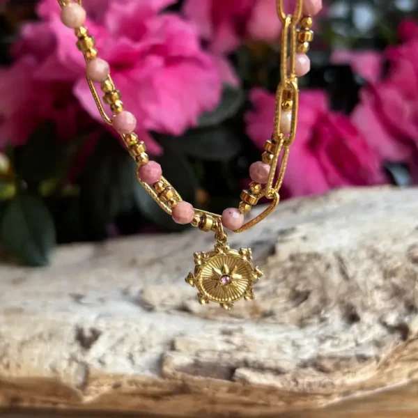 18ct Gold Plated Rhodochrosite Sun Disc Bracelet - Image 2