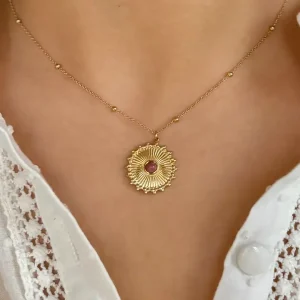 18ct Gold Plated Rhodochrosite Sun Pendant Necklace