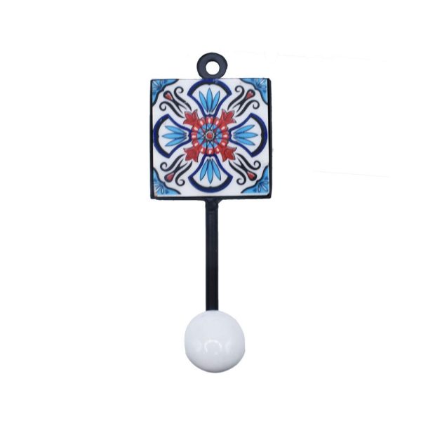 Ceramic Floral Patterned Tile White Knob coat hook