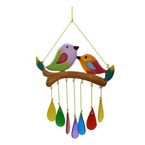 Recycled glass 2 birds with teardrops on strings multicoloured