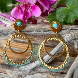 18ct Gold Plated Turquoise Double Hoop Earrings