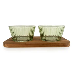 Set of 2 Round Glass Dishes on Tray - Green