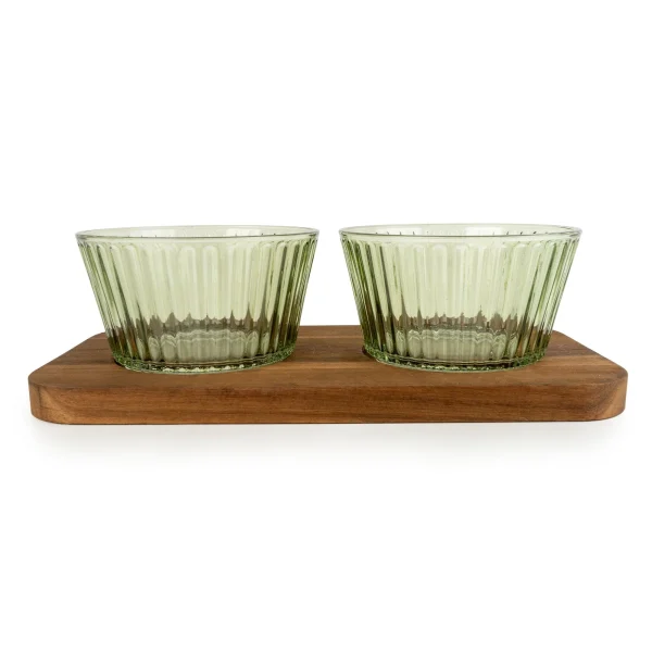 Set of 2 Round Glass Dishes on Tray - Green