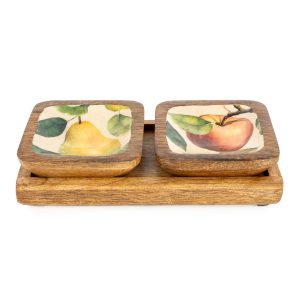 Set of 2 Square Dipping Bowls on Tray - apples and pears
