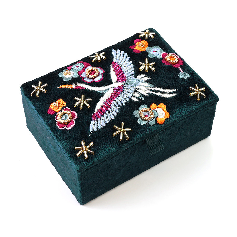 Crane teal velvet embroidered cranes and flowers small jewellery box