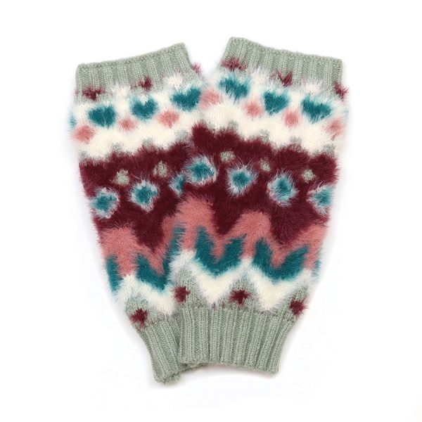 Imogen duck egg and wine mix fluffy zig-zag knit wrist warmers